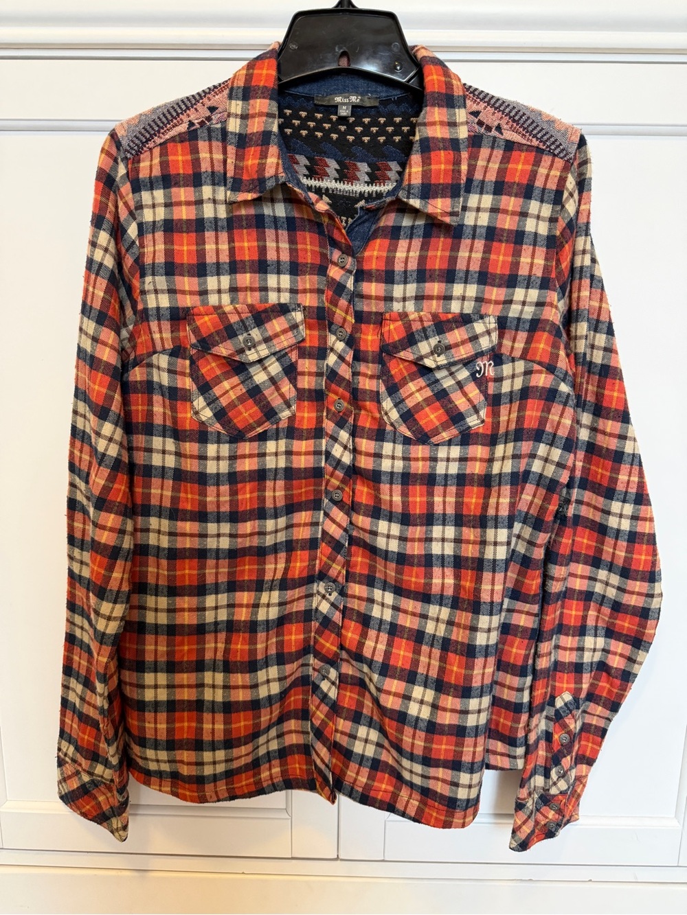 Miss Me Burnt Orange Navy Cream Plaid Button-Down Shirt- M